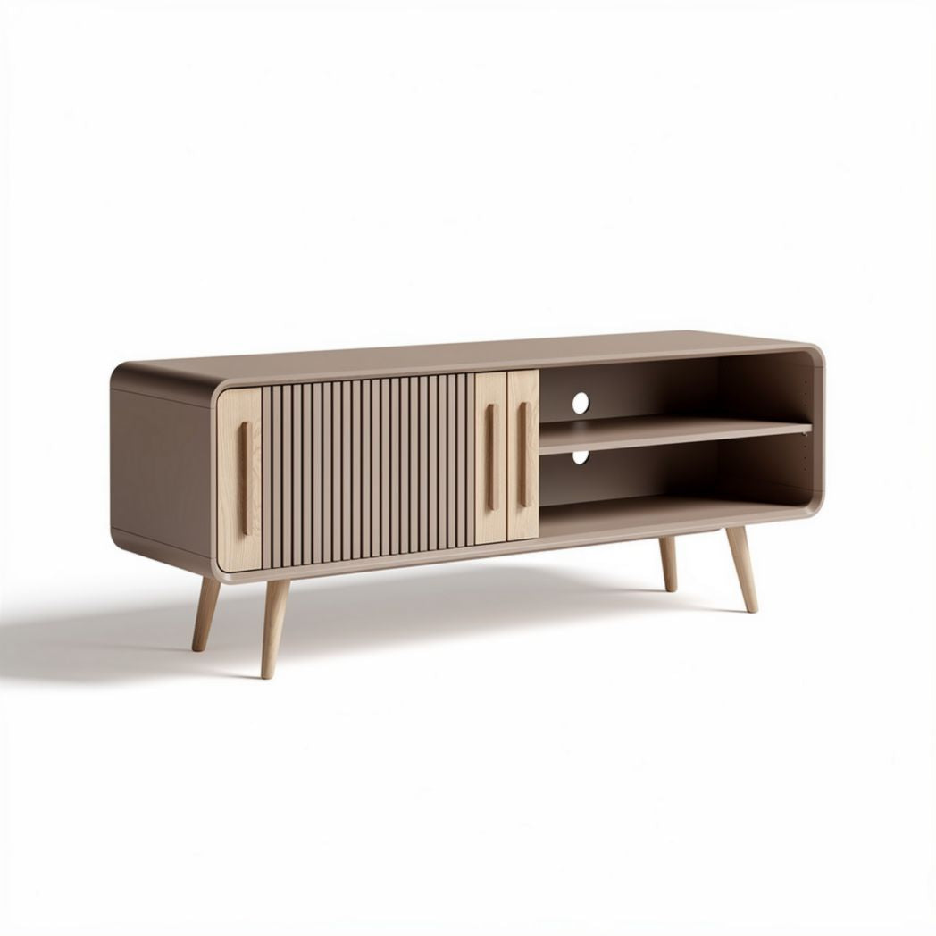Meuble de télévision en bois couleur beige avec rangement et dimensions 120 x 40 x 45cm