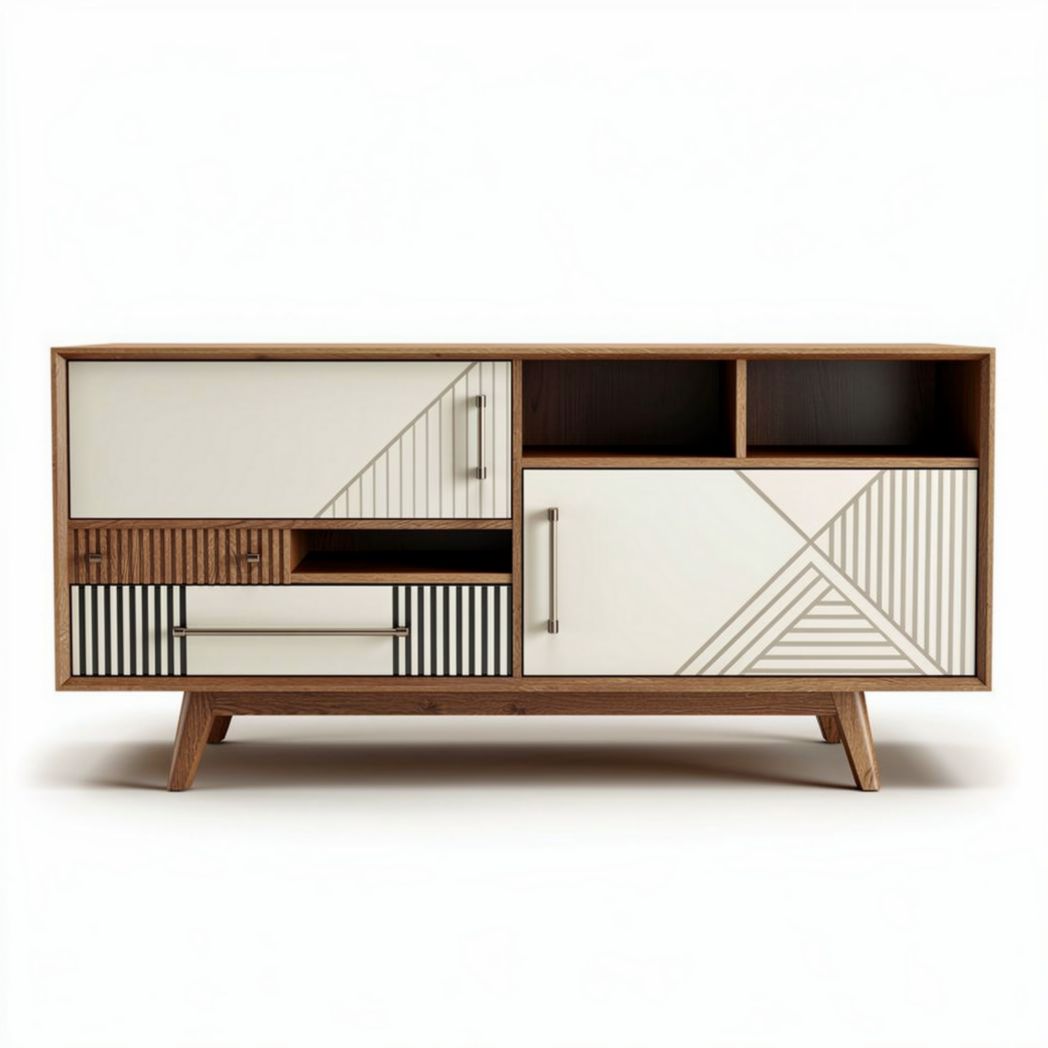 Meuble de télévision en bois avec rangement design géométrique 150 x 45 x 70cm