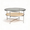 Table basse ronde en verre teinté et bois avec étagère inférieure 80 x 80 x 45cm
