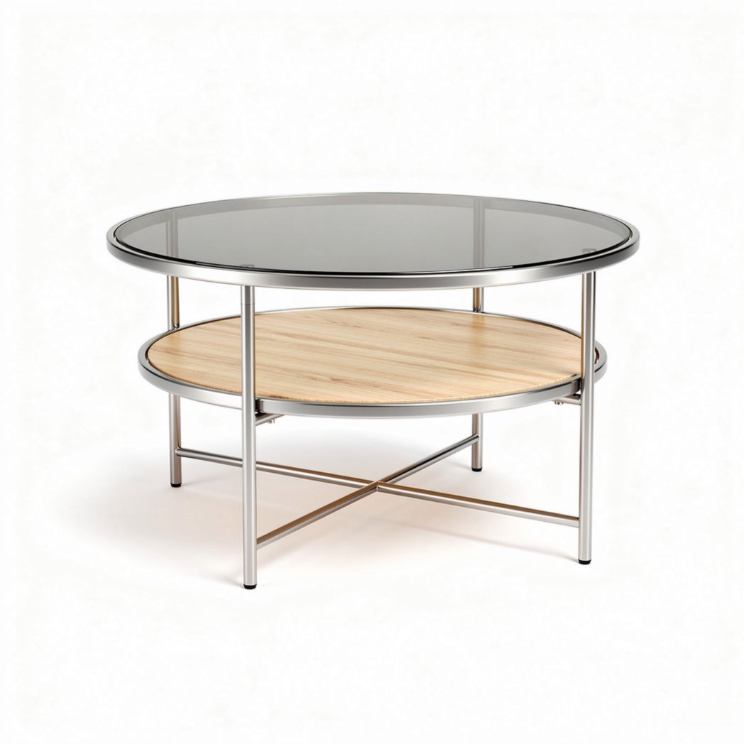 Table basse ronde en verre teinté et bois avec étagère inférieure 80 x 80 x 45cm